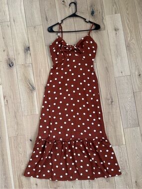 Monteau Rust Polka Dot Midi Dress with Ruffle Hem